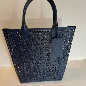 Tory Burch Navy Blue Perforated Tote